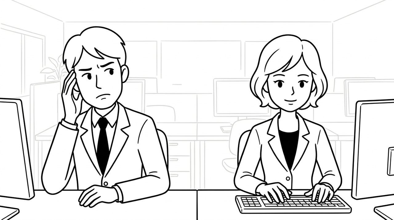 隣の席の同僚のキーボードの音が気になり、眉をひそめる男性のイラスト