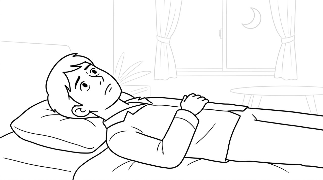 夜、布団に入っても眠れず、目を開けたまま天井を見ている男性のイラスト