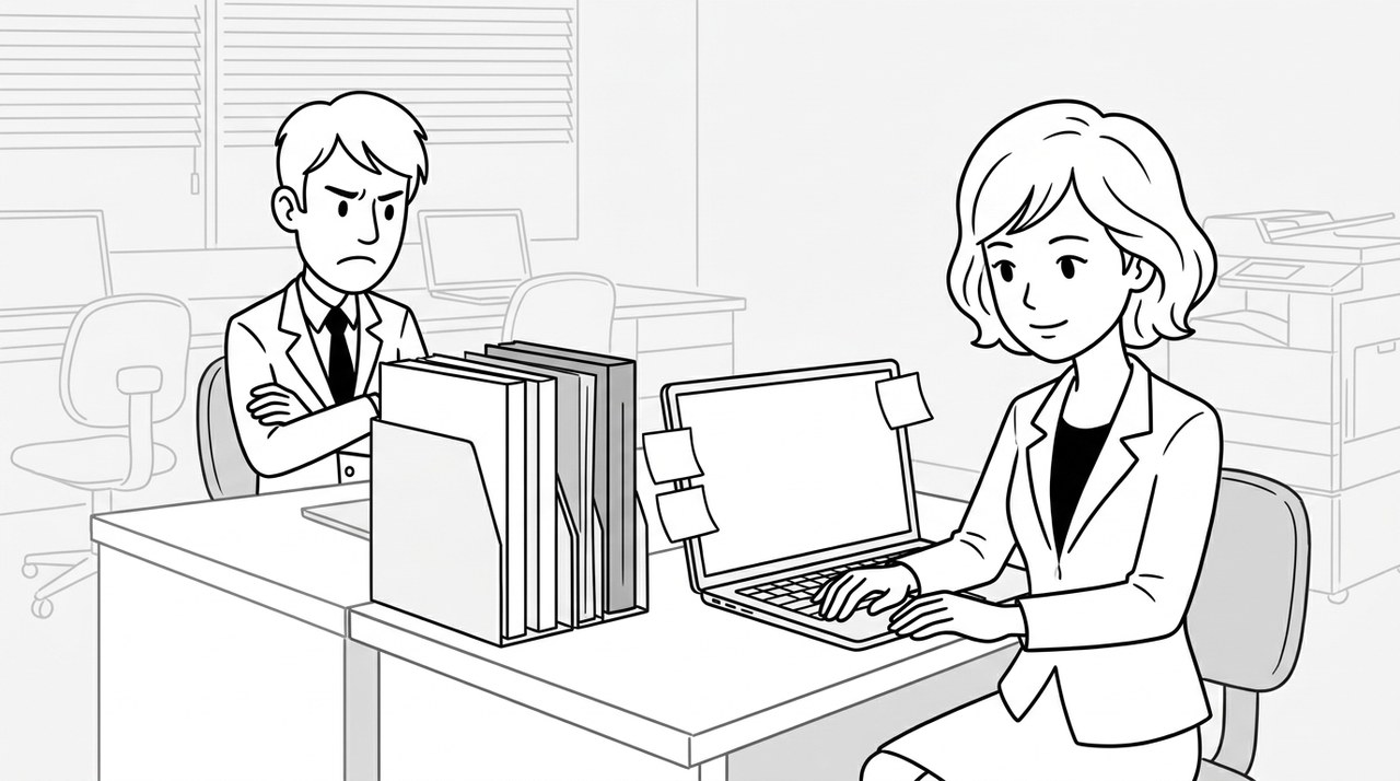 机の端にファイルスタンドを並べ、不機嫌な同僚が目に入らないようにして仕事に集中する女性のイラスト