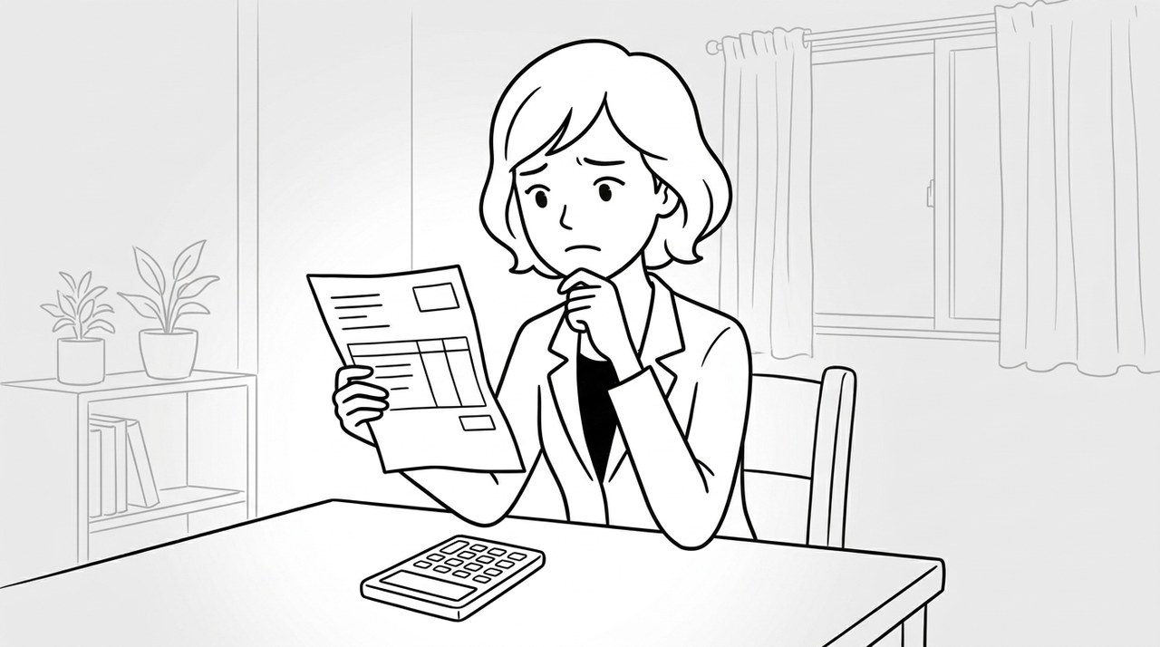 自宅のテーブルで給与明細と電卓を前に、不安そうに考え込む女性のイラスト
