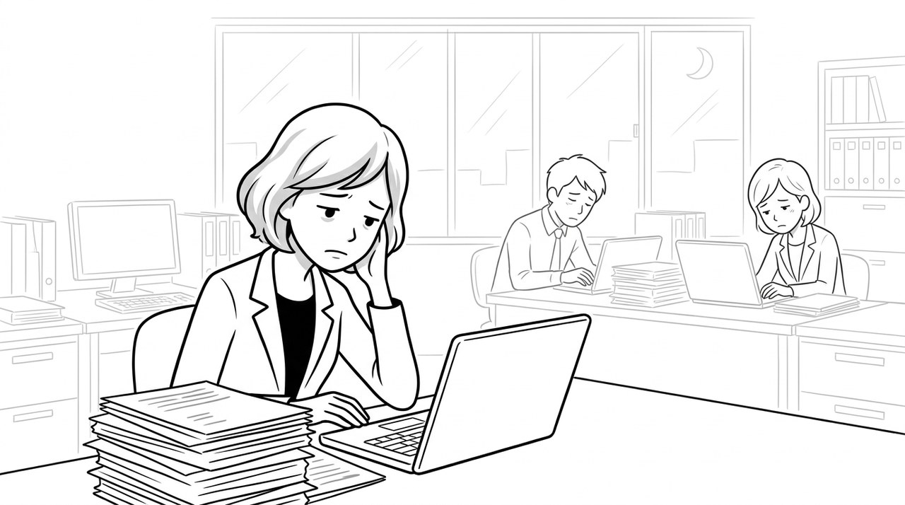 夜のオフィスで、疲れた顔の同僚たちと一緒に残業を続ける女性のイラスト