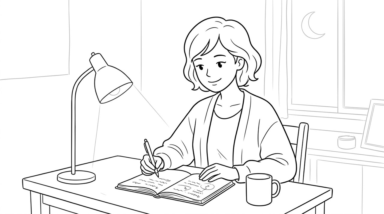 夜、自宅の机でノートに今日できたことを書き、ほっとした笑顔を見せる女性のイラスト