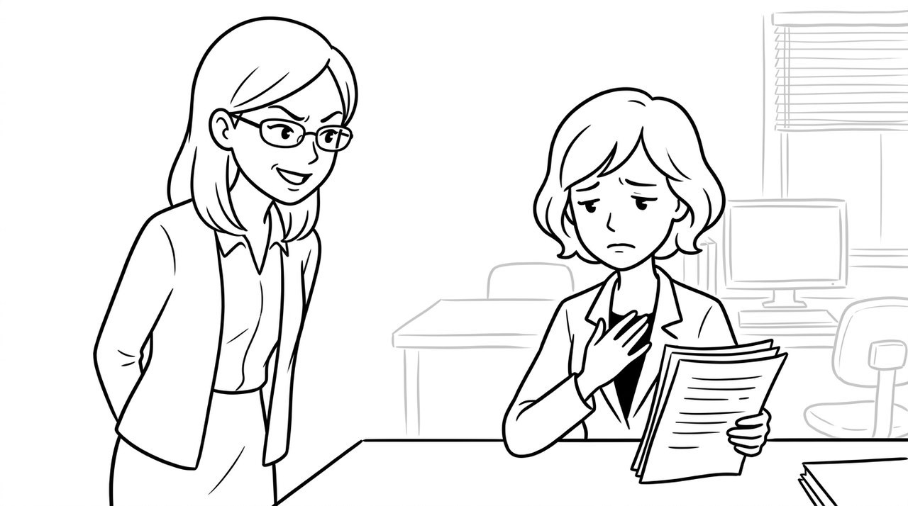 通りがかった同僚に悪口を言われ、書類を持つ手を止めて傷ついた顔をする女性のイラスト