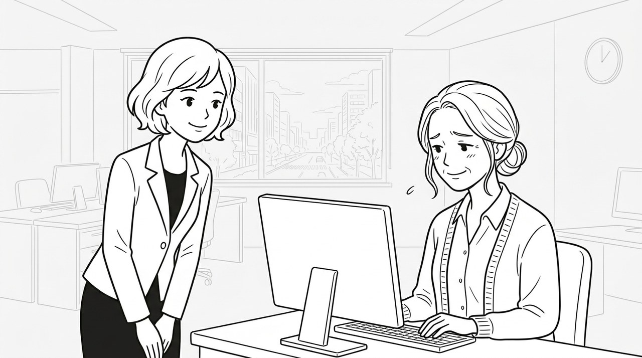 挨拶を続けた女性に、同僚が気まずそうな笑顔で会釈を返すイラスト