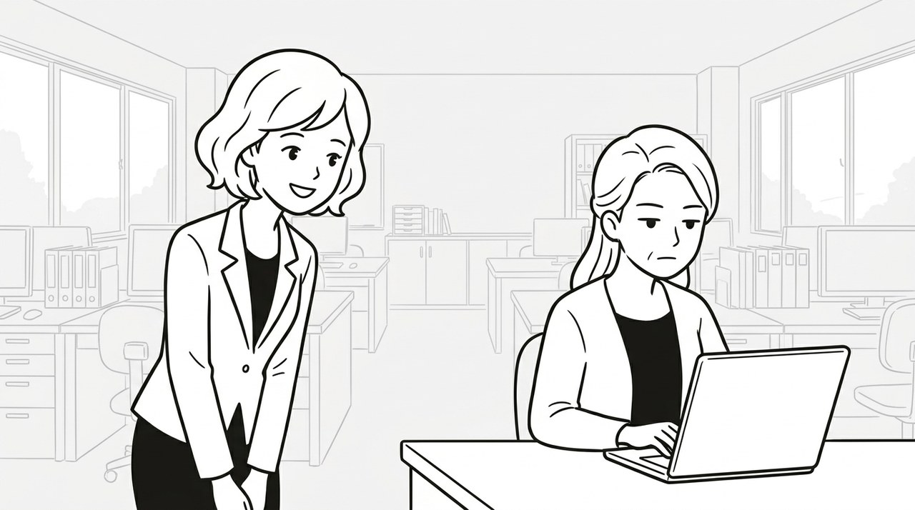朝の挨拶をしても、パソコンを見たまま無視する同僚と、挨拶する女性のイラスト