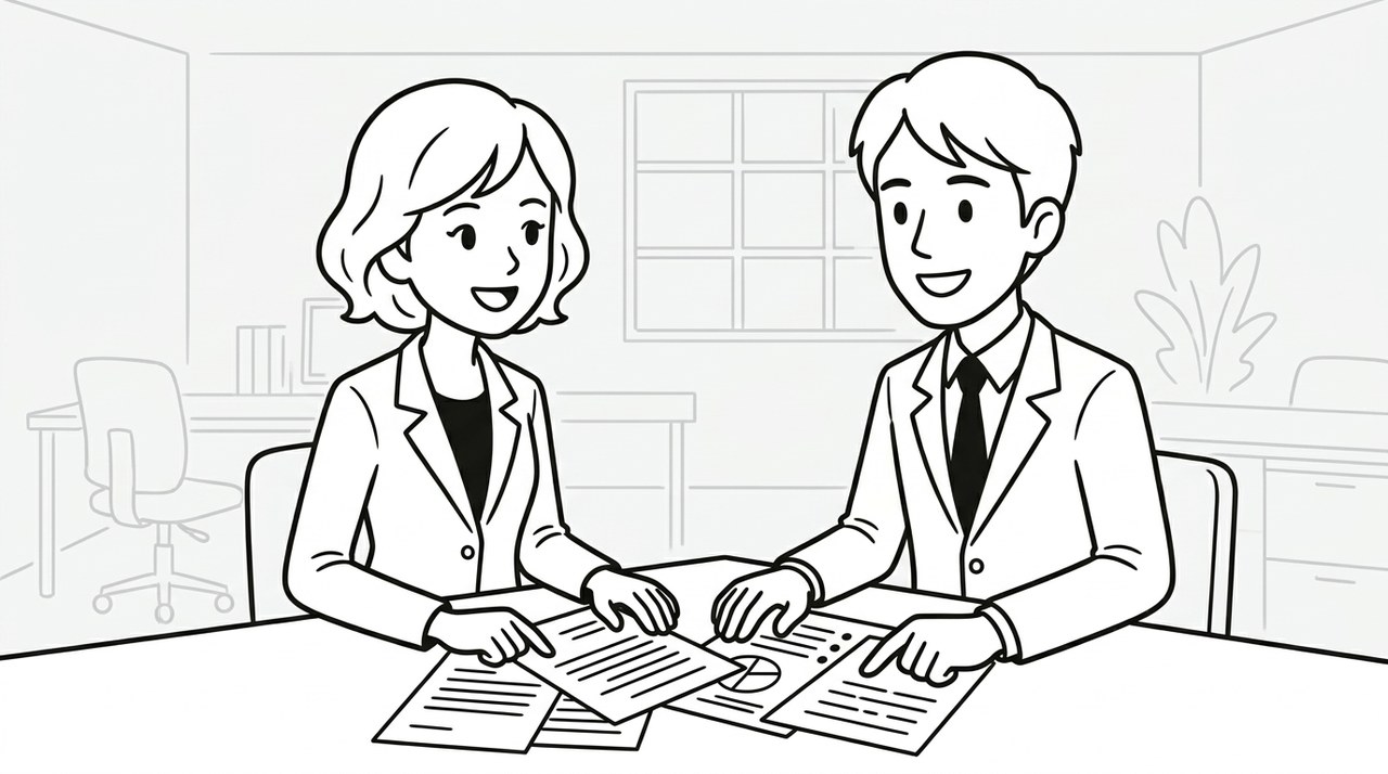 ほかの同僚と書類を見ながら、前向きに仕事の話をする女性のイラスト
