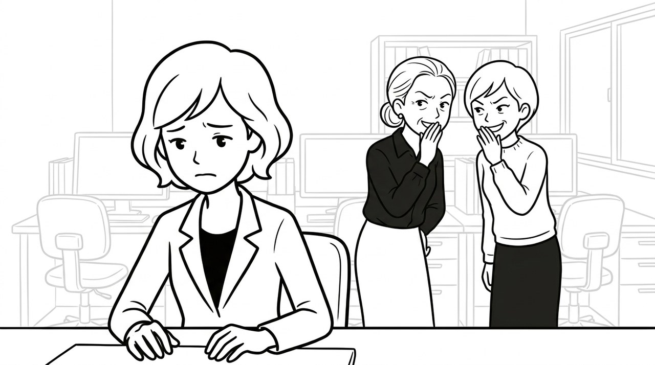 職場で同僚2人にひそひそ陰口を言われ、うつむいて困っている女性のイラスト