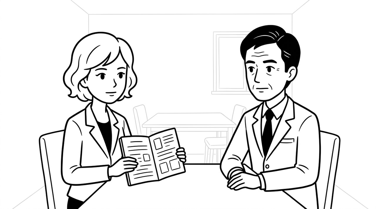 会議室でノートを見せながら、上司に落ち着いて相談する女性のイラスト