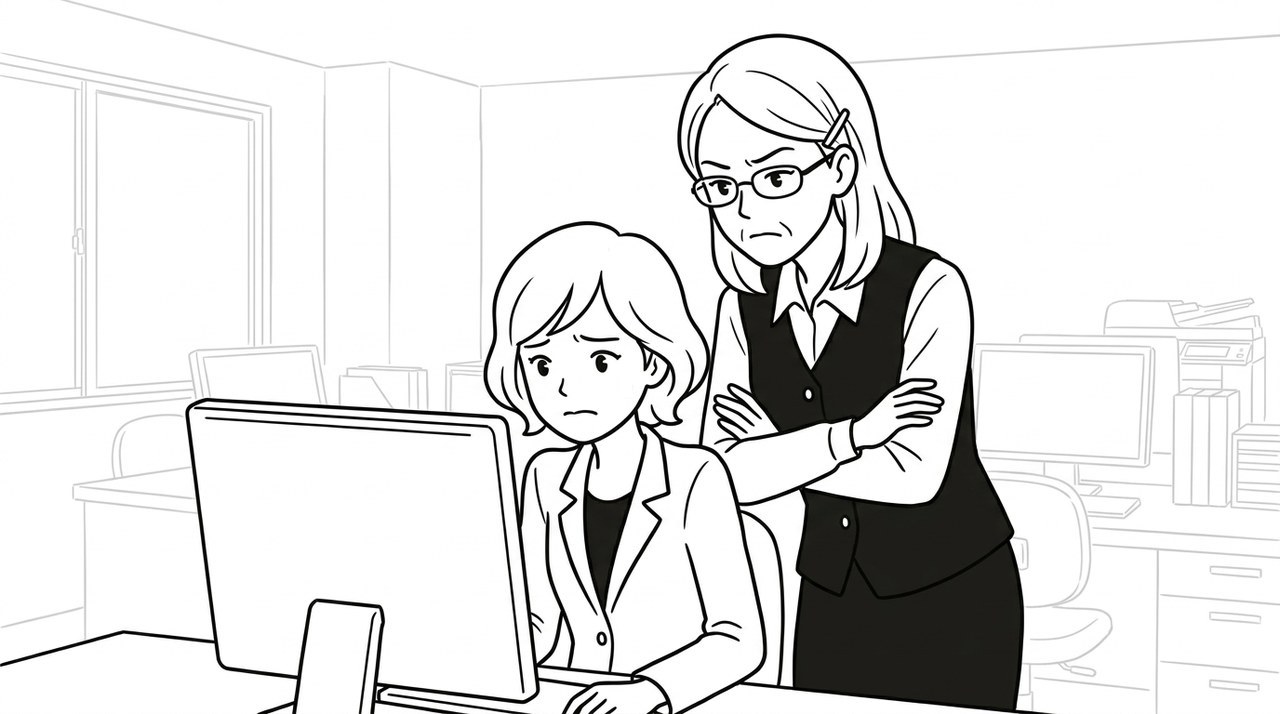 ベテランの女性社員に後ろから腕を組んでパソコンの画面をのぞきこまれ、緊張して固まる女性のイラスト