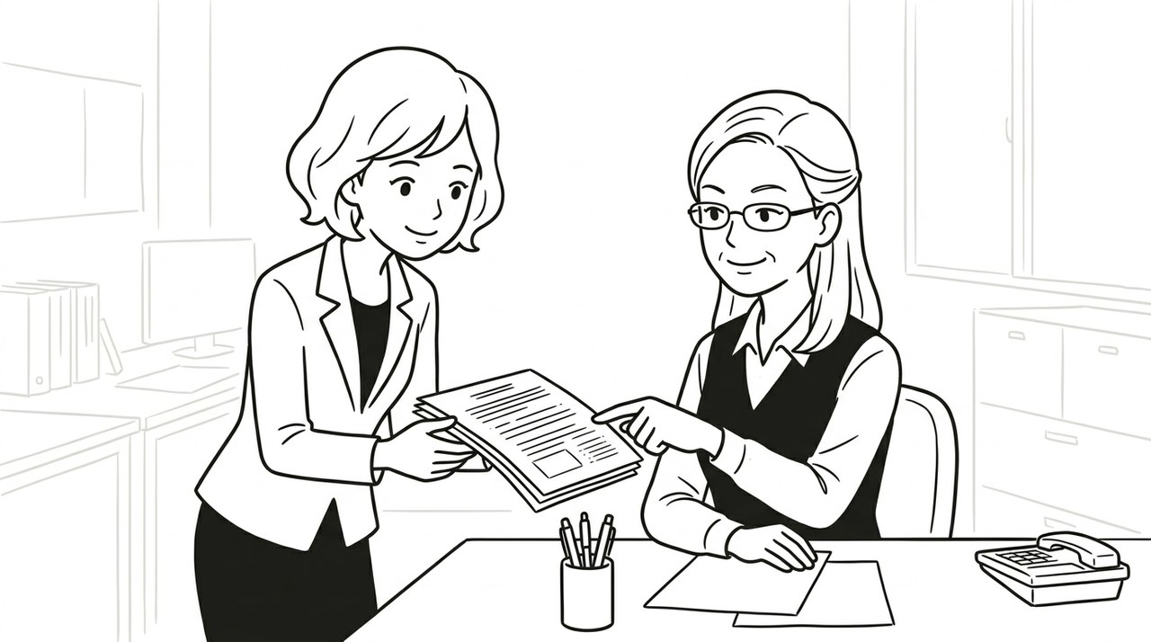 書類を手にベテランの女性社員へ相談する女性と、うれしそうに教えるベテランの女性社員のイラスト