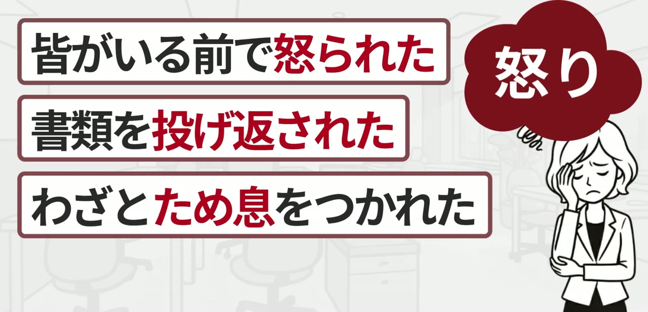 「皆がいる前で怒られた」「書類を投げ返された」「わざとため息をつかれた」と怒りを抱える女性